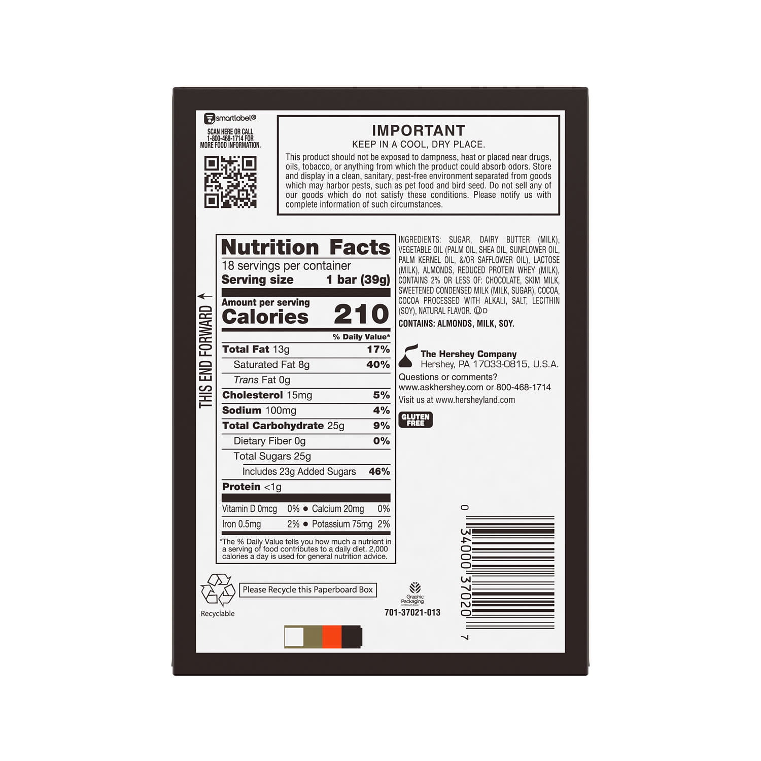 Skor Crisp Butter Toffee and Chocolate Candy, Bars 1.4 oz, 18 Count