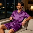 thumbnail image 5 of Resicozy Pajamas Set for Men Silk Satin Sleepwear Short Sleeve Button Down Pjs Set 2 Piece Loungewear with Pockets Purple 3XL, 5 of 6