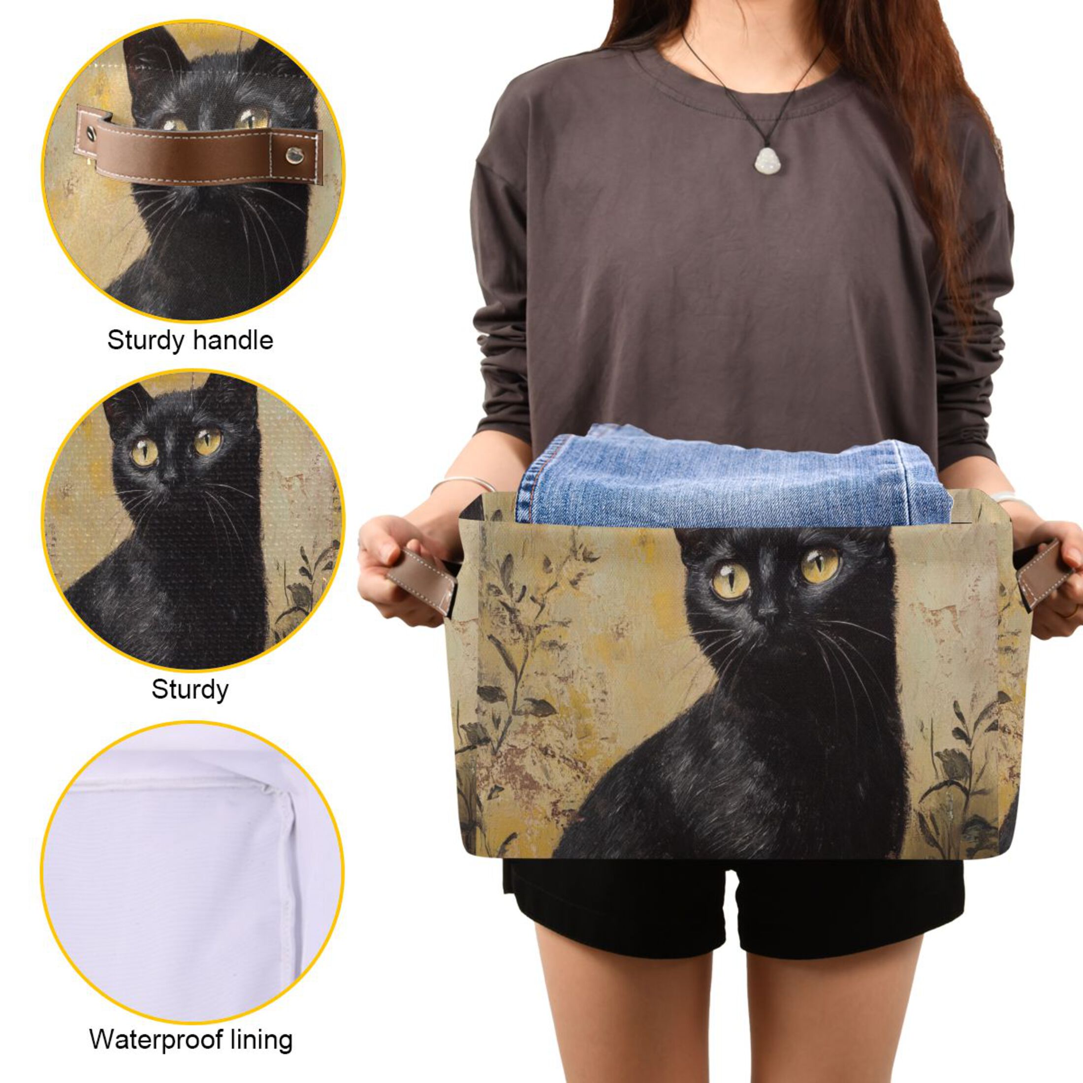 WOBOGO Black Cat with Oil Painting Style Square Storage Basket with Waterproof Canvas and PE Lining Durable PU Leather Handles 14.2×10.2×8.3in