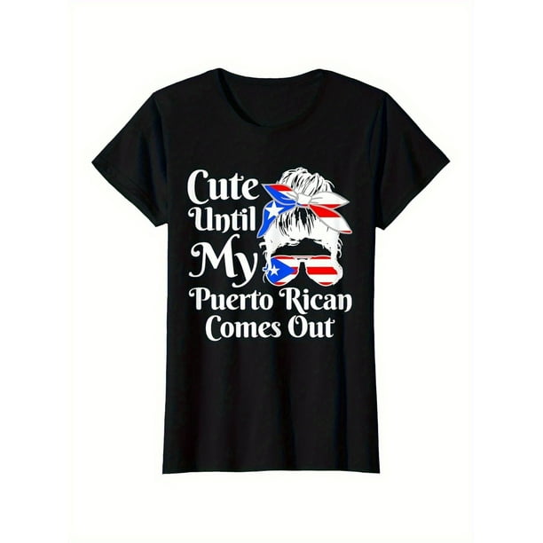 Women's Puerto Rican Pride Graphic T-Shirt - "Cute Until My Puerto Rican Comes Out" Slogan & Flag Design, Black Cotton Tee with Medium Stretch, Casual Short Sleeve Round Neck