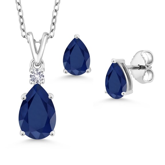 925 Sterling Silver Blue Sapphire and White Created Sapphire Pendant and Earrings Jewelry Set for Women (3.99 Cttw, Gemstone September Birthstone, Pear Shape 10X7MM and 7X5MM, with 18 inch Chain)