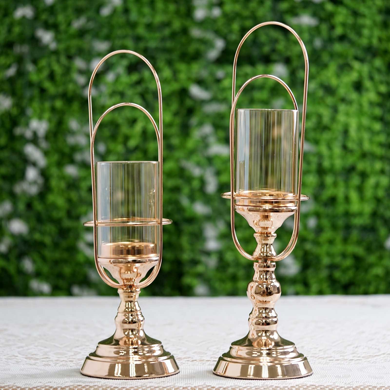 Set of 2 | Gold Metal Coiled Design Glass Hurricane Candle Holder Set ...