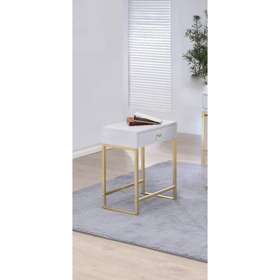 Coleen White & Brass Finish Accent Table - Modern Design with 40lbs Top & 20lbs Drawer Capacity