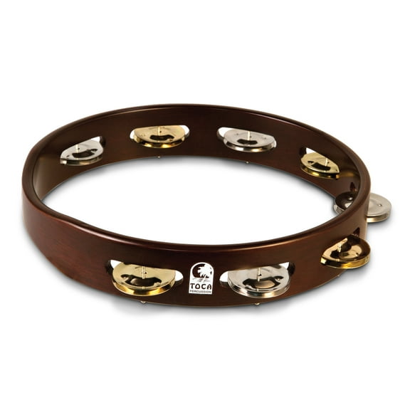 Toca T1010D 10 in. Acacia Single Row Wood Tambourine, Brass & Nickel