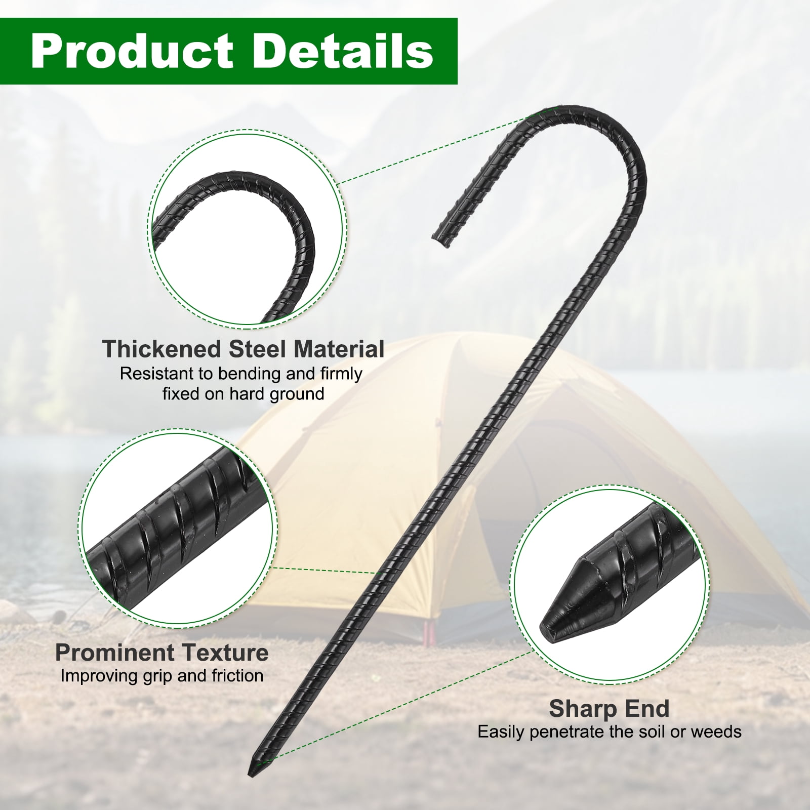 10 Pack Ground Stakes Heavy Duty J Shaped Stakes, 12 Inch Steel Tent Pegs 0.31" Dia J Hook Ground Anchors Link Fence Spikes with Chisel Point End for Garden Camping Gazebo, Black