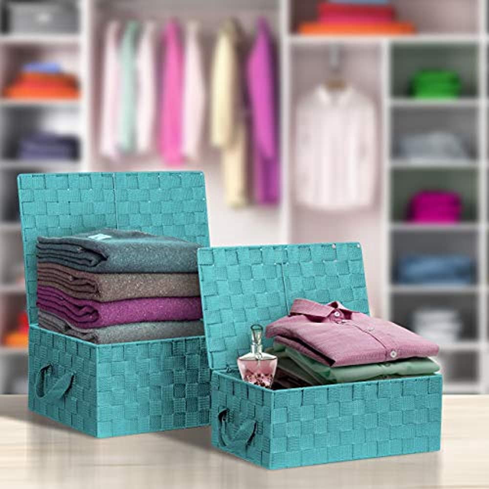 Sorbus Storage Box Woven Basket Bin Container Tote Cube Organizer Set Stackable Storage Basket Woven Strap Shelf Organizer Built-in Carry Handles (Woven Lid Baskets - Aqua)
