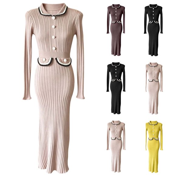 Omexry Maxi Sundresses for Women Women's Winter Casual Fashion Solid Color Long Sleeved Doll Neck Fishtail Dress