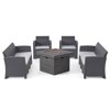 GDF Studio Jacks Outdoor Faux Wicker 8 Seater Sofa and Club Chair Set with Fire Pit, Charcoal, Light Gray, and Gray