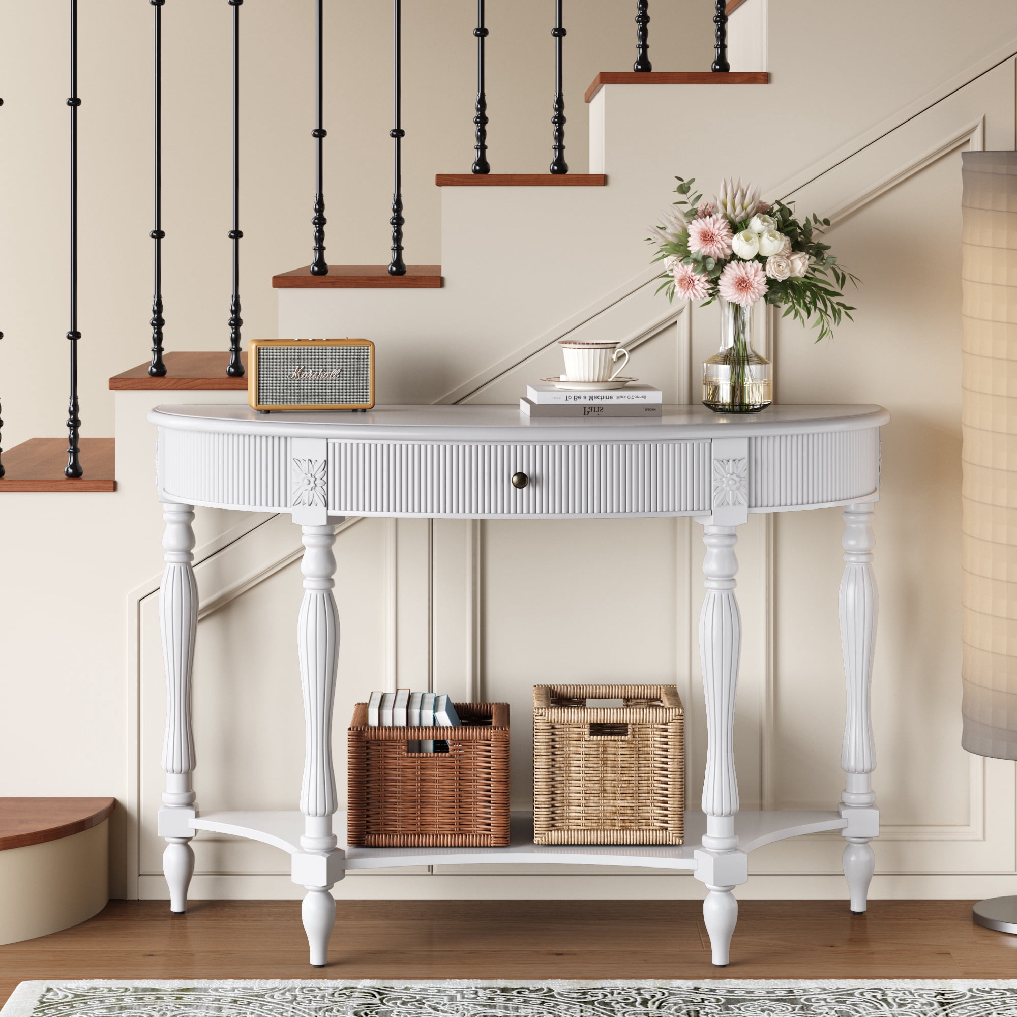Solid Wood Half Moon Console Table with Drawer & Shelf, Fluted Vintage Curved Entryway Table for Hallway Living Room Foyer, Narrow Space Sofa Table with Roman Column Carved Legs, White