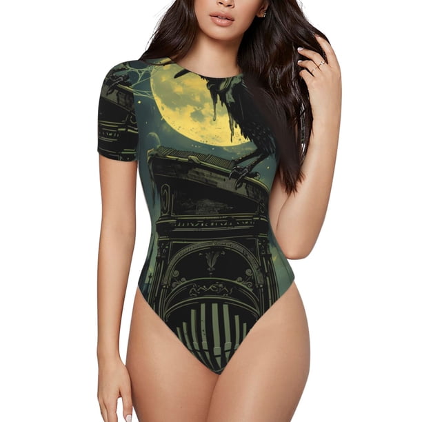 Balery MoonNight Sky Crow Body de cuello redondo de manga corta para mujer Tops de manga corta Tops básicos-Large