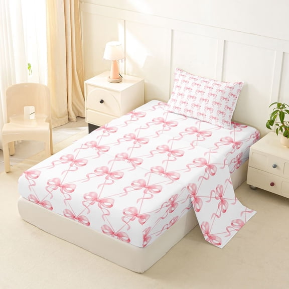 jejeloiu Cute Bows Twin Sheet Sets,Pink White Bedding For Bowknot Lover 3pcs