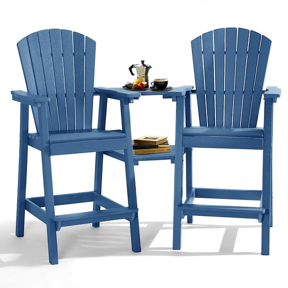 PASAMIC Tall Adirondack Chair Set of 2, All-Weather HDPE Outdoor Chairs with Removable Double Trays, Bar Height Adirondack Chairs for Balcony, Deck, Patio, Backyard, Blue