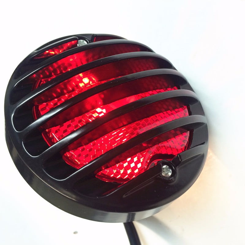 Chrome Pre-Grille Ribbed Round LED Tail Brake Light Red Lens Integrated License Plate Lamp For Compatible with Bobber Chopper Cruiser Street Bike Kawasaki Suzuki Yamaha NBX
