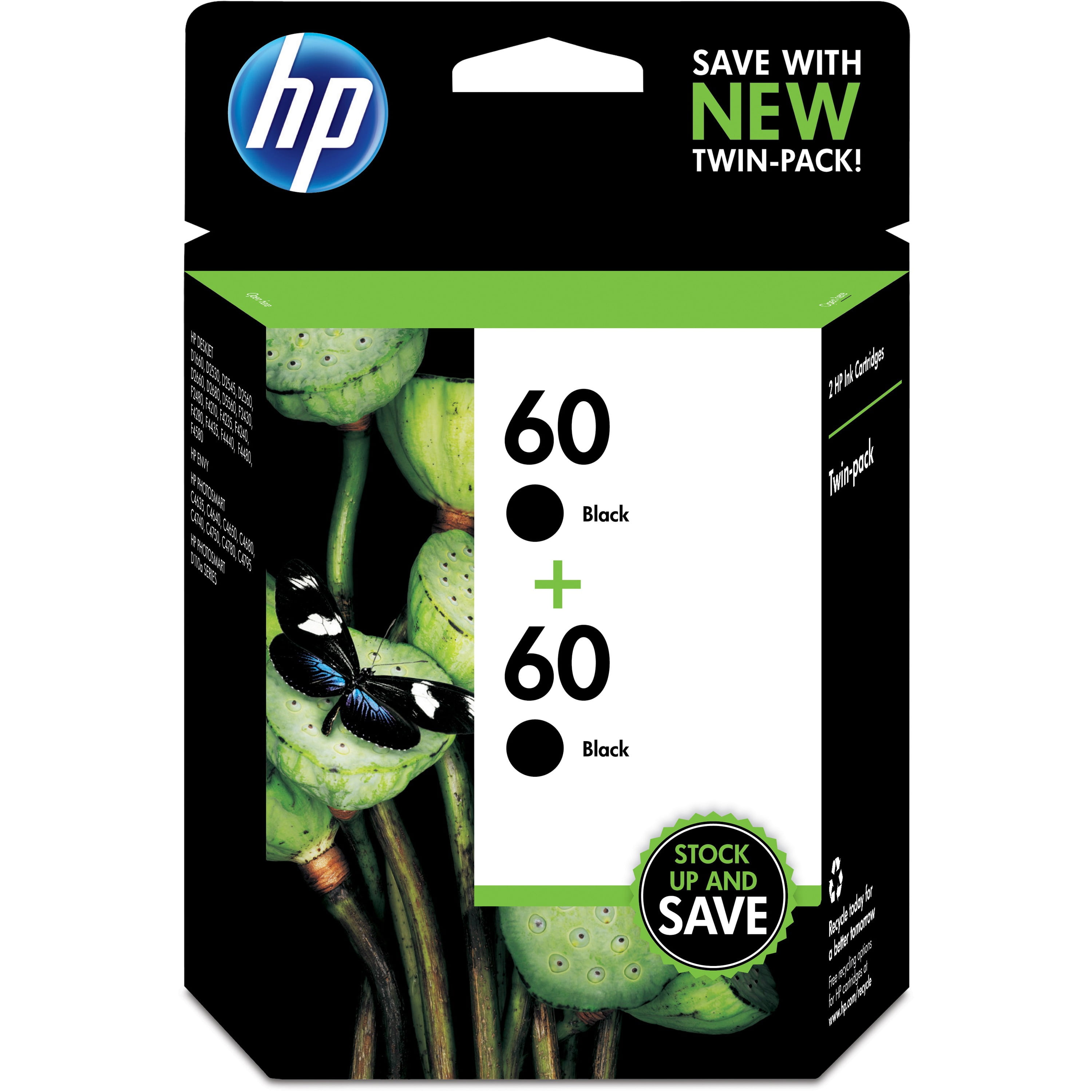 HP 60 Ink Cartridges - Black, 2 Cartridges (CZ071FN) 