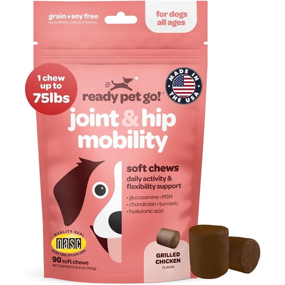 Ready Pet Go! Dog Treats, Hip and Joint Chews for Dogs with Chondroitin, MSM, & Turmeric, 60-piece