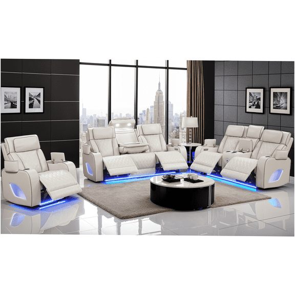 JERFIT 3-Piece Power Recliner Sofa Set with Massage, LED Lights, Wireless Charging & Bluetooth, Beige Faux Leather for Living Room