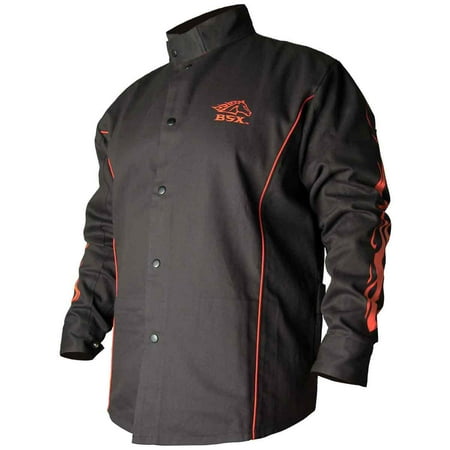 Cotton Welding Jacket - Black Stallion BX9C BSX Contoured FR Cotton Welding Jacket, Black/Flames, X-LG