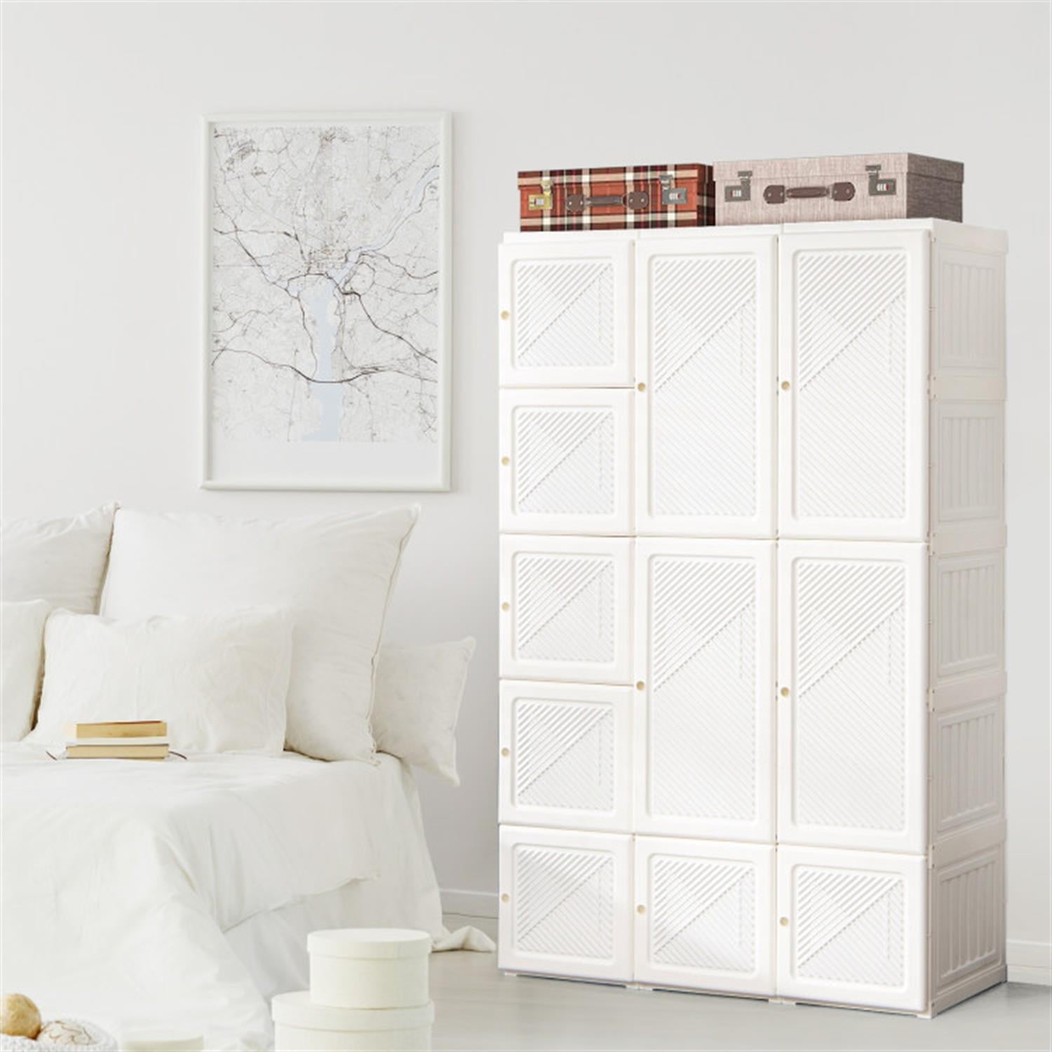 Demi Bonn Foldable Bedroom Armoire Portable Wardrobe Closet Clothes Storage Organizer with 10 Cubes, Magnet Doors, White