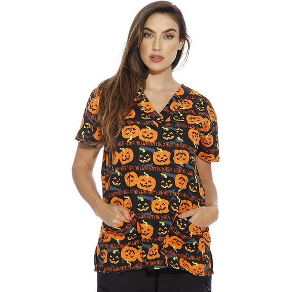 Just Love Women's V-Neck Printed Scrub Top (Happy Halloween, X-Large)