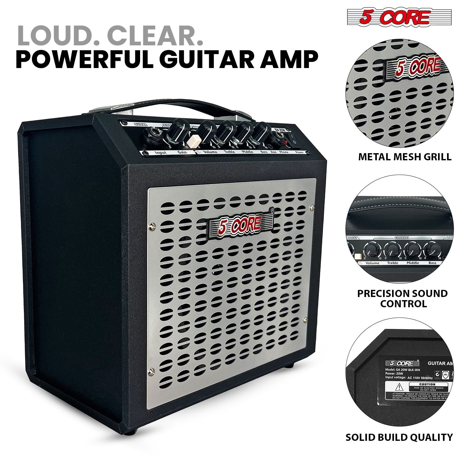 20W Portable Guitar Amplifier with 6.5" Speaker, AUX/Headphone Jacks & Adjustable EQ – Compact Amp for Electric Guitars and Bass