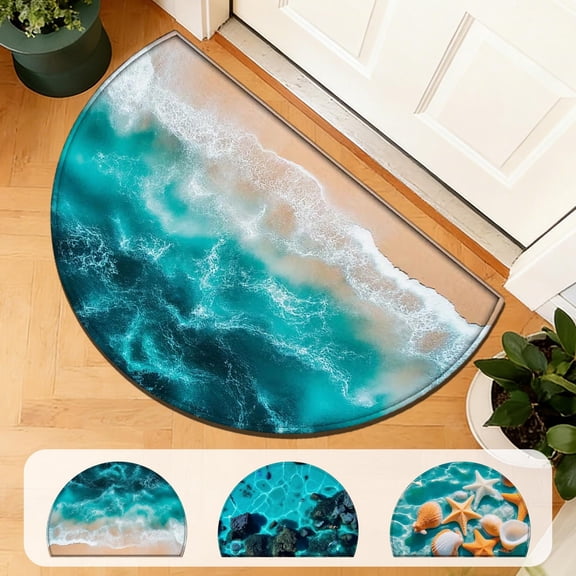 Aoznliie Bathroom Rugs, Half Round Non Slip Absorbent Bath Mat, 24x16 inch Beach Wave Rug for Bathroom Floor