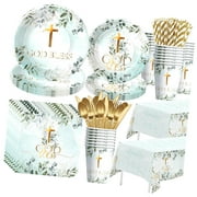 SKYSONIC First Communion Decorations Tableware Boy - God Bless Baptism Plate, Cup, Napkin, Tablecloth, Cutlery, Mi Bautizo Eucalyptus Leaves Sage For Christening Shower Party | Serve 24