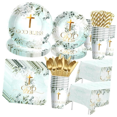 SKYSONIC First Communion Decorations Tableware Boy - God Bless Baptism Plate, Cup, Napkin, Tablecloth, Cutlery, Mi Bautizo Eucalyptus Leaves Sage For Christening Shower Party | Serve 24