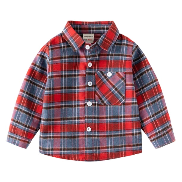 Gibobby Tirantes Para Camisa Chaqueta de franela para niños pequeños, a cuadros, de manga larga, con solapa y botones, para bebés, niños y niñas, camisa, abrigo(Rojo, 12-18 Meses)