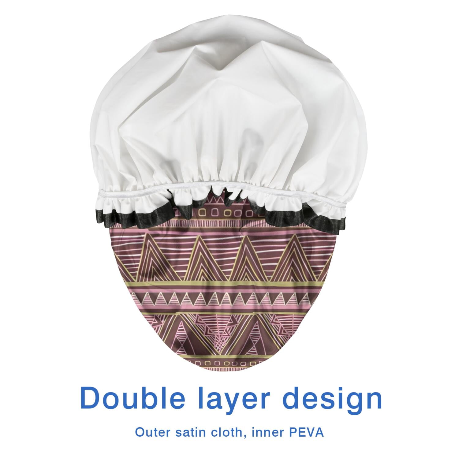 Shower Caps,Brown Geometric Striped Pattern Waterproof Shower Cap for Women 4 Pieces,Double Reusable Hair Cover for Shower PEVA Elastic Stretch Hem