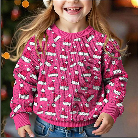 ITSAME Girls Christmas Sweater (5-15) Knit Long Sleeve Crewneck Top Santa Hat Print Holiday Party Warm Pullover Size 5T
