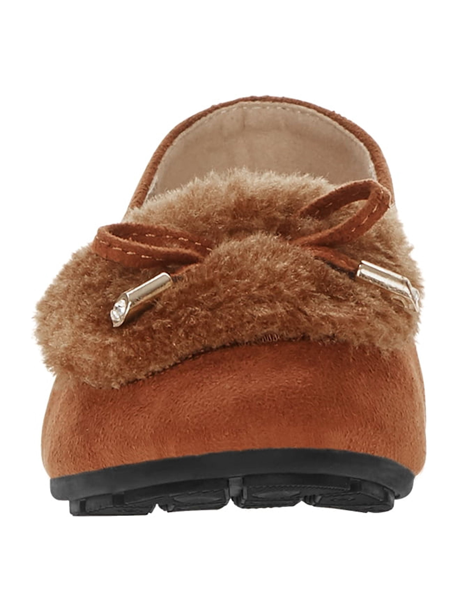 Victoria K Women's Soft Textured Material With Faux Fur Ornament And Gold Tip Bow Ballerina Flats