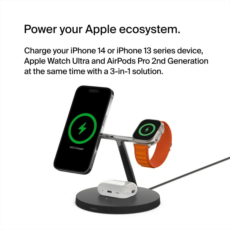  Belkin MagSafe 3-in-1 Wireless Charging Stand (Older 2021  Release) for Apple Watch, iPhone Series, AirPods - Black : Everything Else