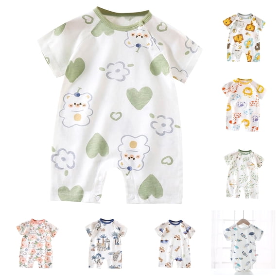 Einccm Baby Boys' Girls' Unisex Short Sleeve Cotton Romper - Cute Cartoon Bear and Floral Print Summer Bodysuit - One-Piece Jumpsuit with Snap Buttons for borns and Infants 0-12 Months