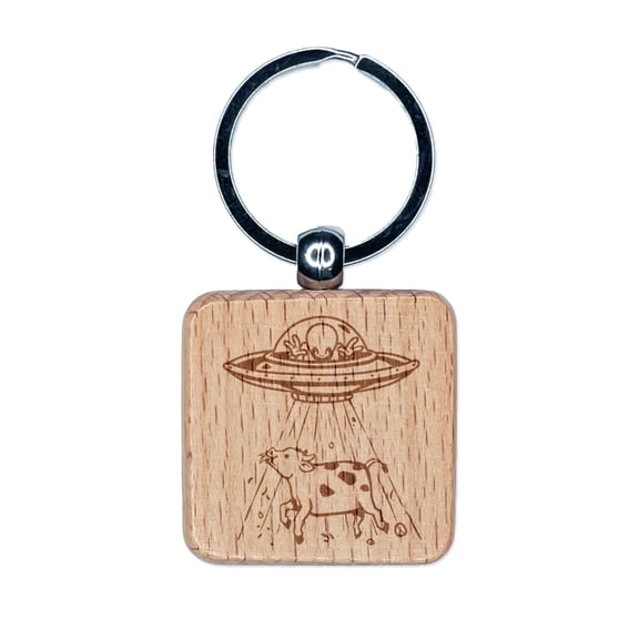 Alien UFO Abducting a Cow Square Keychain Charm Tag - Engraved Wood