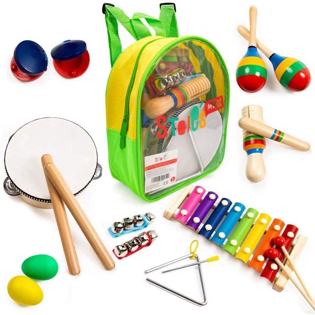 stoie's 17 pcs musical instruments set for toddler and prec stoie's stoie's mochila transparente multicolor centrada, vista frontal con xilófono de 8 teclas, pandereta con baquetas, par de maracas, castañuelas, triángulo con baqueta, dos sonajeros tipo huevo, juego de cascabeles y palos rítmicos colocados alrededor; también útil como set portátil de introducción musical para actividades didácticas.