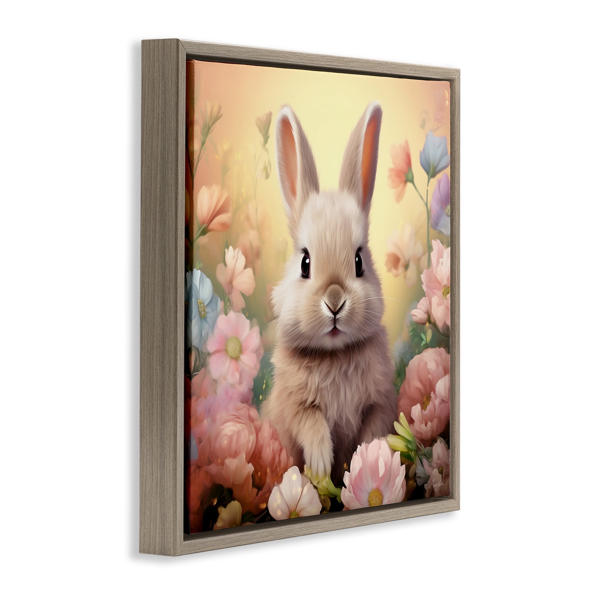 Stupell Industries Bunny in Meadow Animals & Insects Painting Brown Floater Framed Canvas Art Print Wall Art, 25 x 25