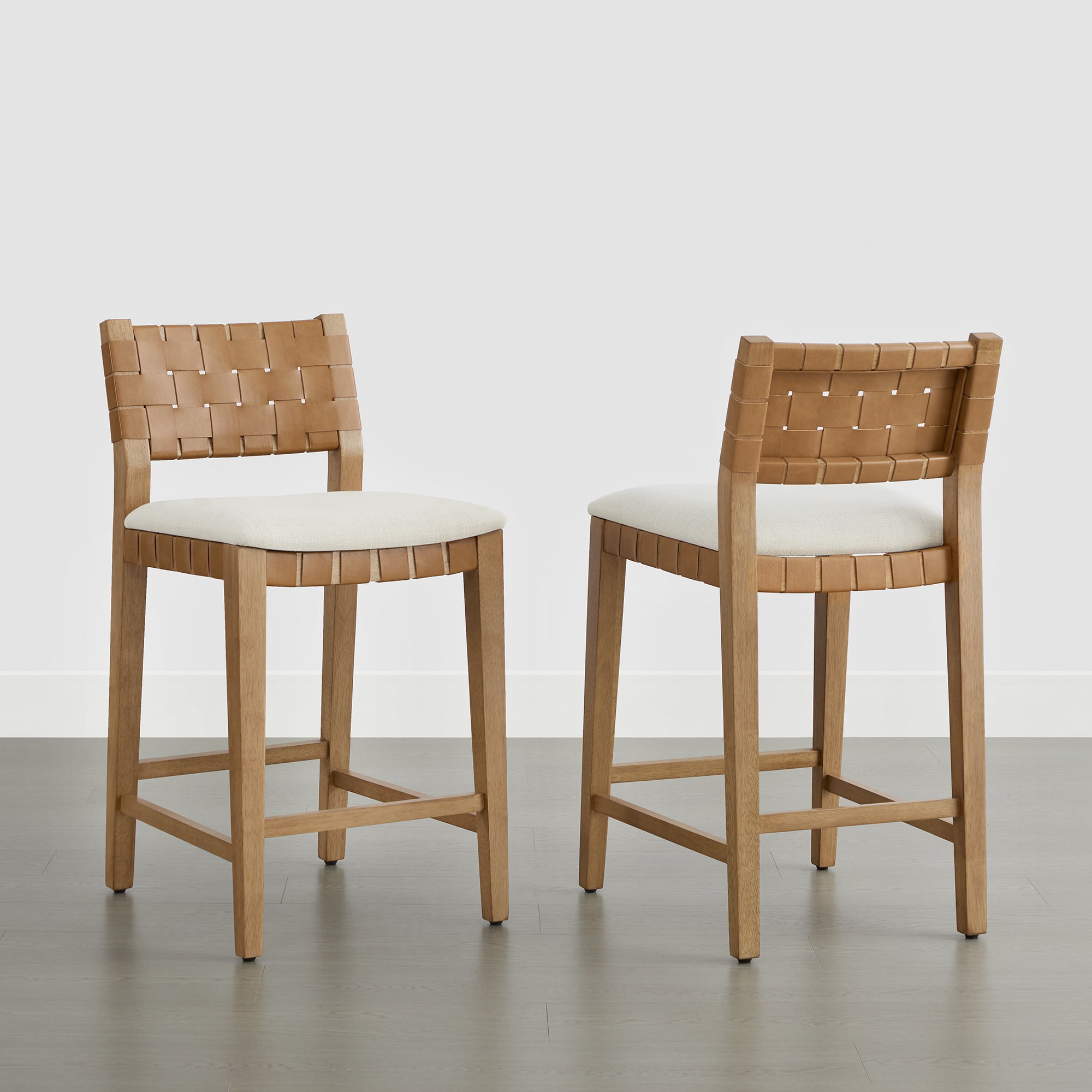 Spruce & Spring 26-Inch Solid Wood Counter Stool with Woven Back and Upholstered Seat Set of 2, Natural Wood