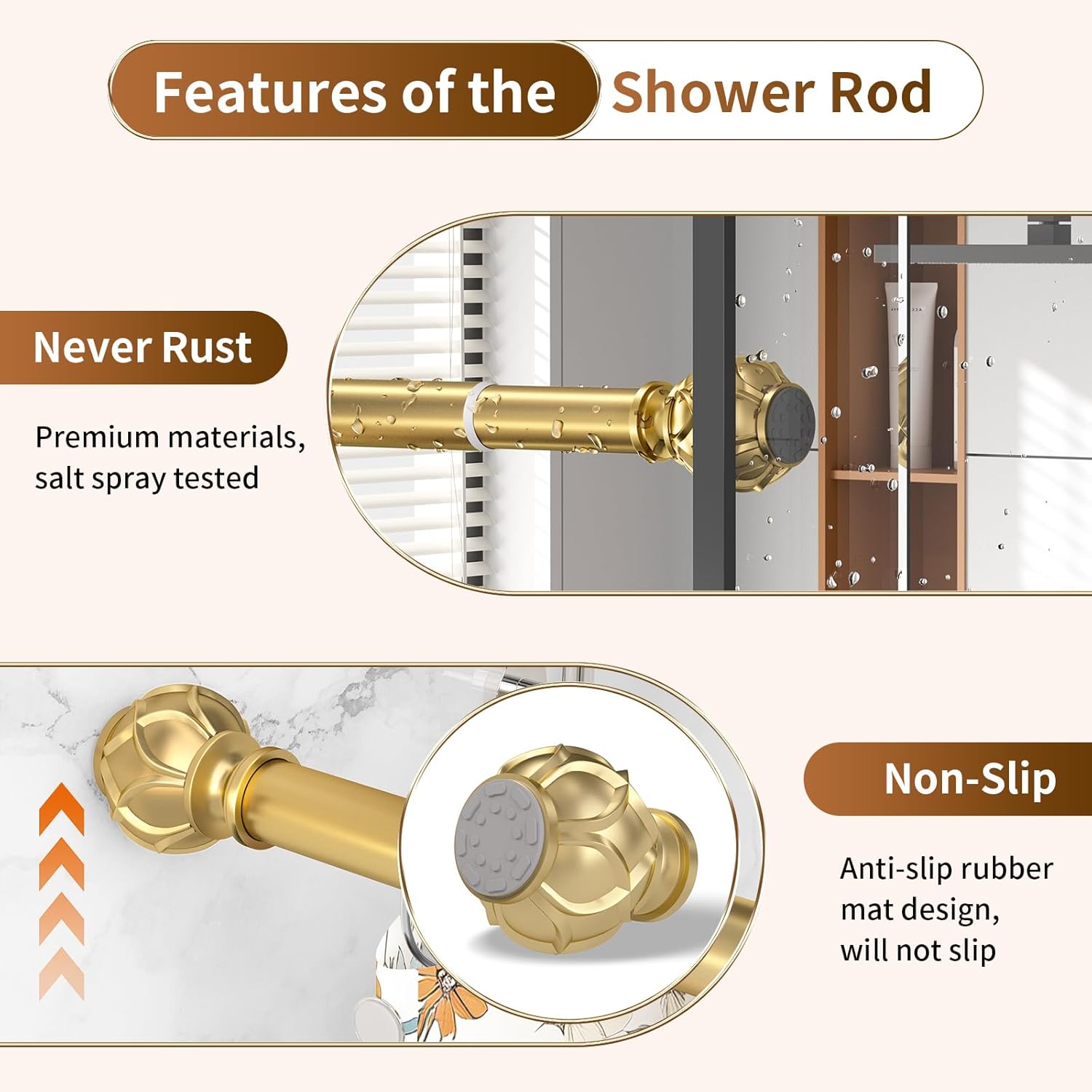 TRAHOO-Gold Tension Shower Curtain Rod 36-84 Inches(3-7Ft), Adjustable Spring Tension Shower Rod, No Drill Never Rust Non-Slip Shower Rod for Bathroom