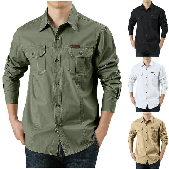 safuny Men's Fall Winter Sahckets Sweatshirts with Pockets Big&Tall Fashion Stand Collar Pullover Casual Loose Cotton Shirts Workout Long Sleeve Tops Cargos Outwear Green L