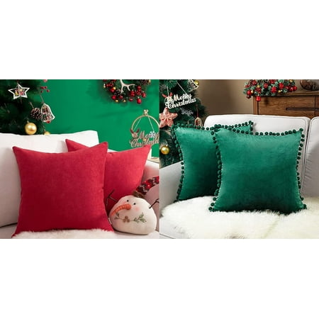 

Top Finel Chrismas Velvet Throw Pillow Covers with Pom Poms Bundle Chenille Outdoor Cushion Covers 16x16 Pack of 2 Green and Red