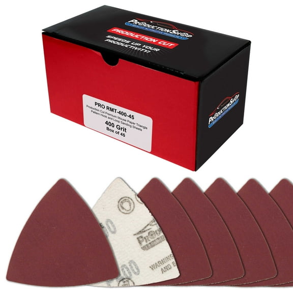 ProductionShop Premium 400 Grit Triangle Mouse Detail Sander Sandpaper Sheets, Box of 45 - Hook & Loop, Triangular Shaped Mouse Disc Pads - Oscillating Multi-Tools - Woodworking, Sand Furniture Paint