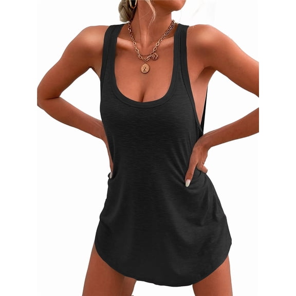 Women'S Swimsuit Cover-Ups U-Neck Sleeveless Swimsuit Beach Cover-Ups Basic Tank Dresses Black XL