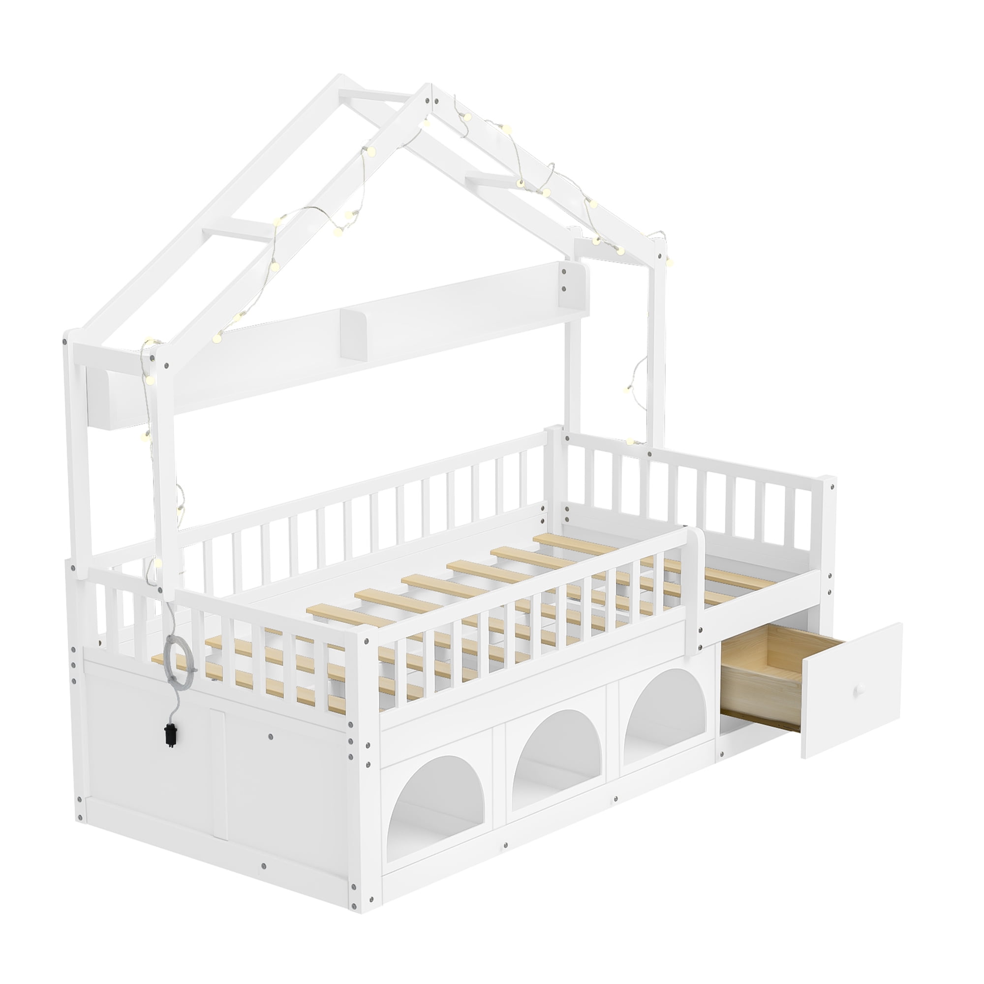 Mintazer Twin Montessori Floor Bed with LED Lights & Bookshelf, Kids House Floor Bed with 3 Arched Cubbies & Drawer and Guardrail for Boys Girls Bedroom Playroom, White