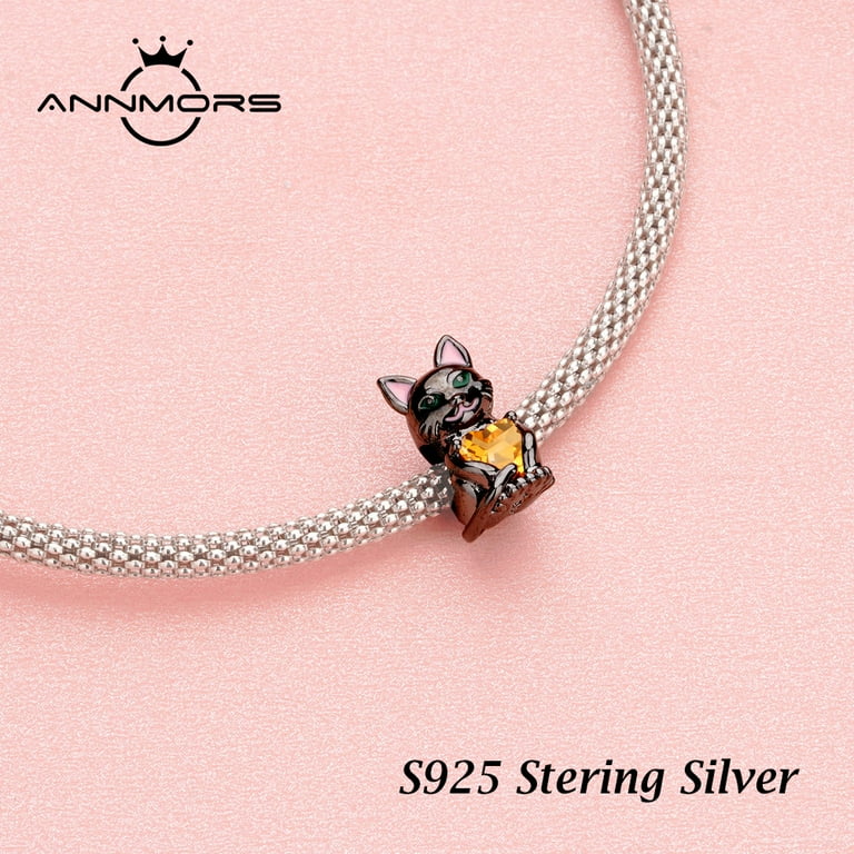 925 Sterling Silver Charm for Pandora Bracelets Black Cat Red Heart Gem Charm Women Bracelet Charm