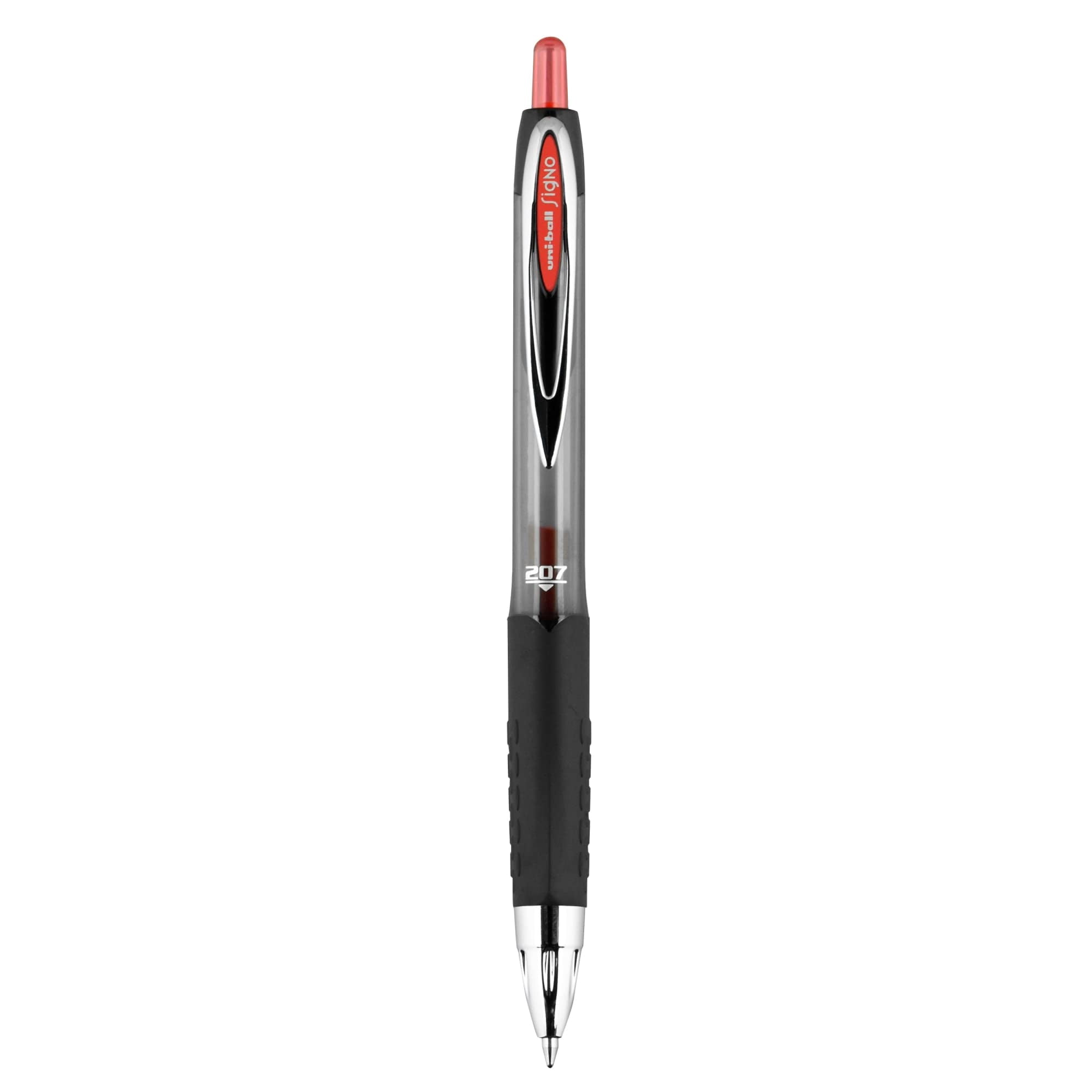 uni-ball® 207™ Retractable Fraud Prevention Gel Pens, Medium Point, 0.7 mm, Black Barrels, Red Ink, Pack Of 12