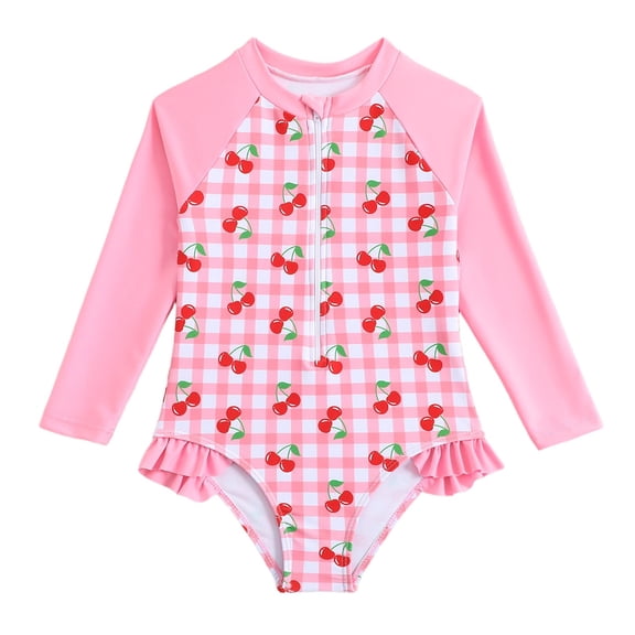 MEZZALL Swimwear Girls Long Sleeve Swimsuit For Girls Gradient Fish Scale Cherry Print With Front Zipper Summer Beachwear Bohemian Swimwear