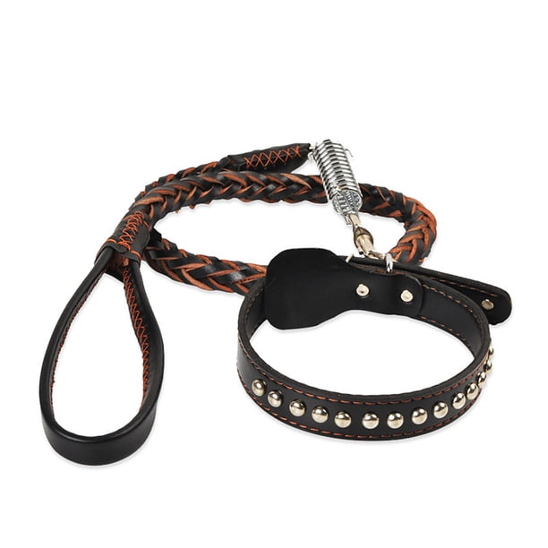 Conjunto de correa de cuello de cueroPET COLLAR LEASH Set Remache Cuero Collar de cuero ajustable Gargantilla para suministros para mascotas de animales medianos grandes, 2.5 tholdsy PT000565-01