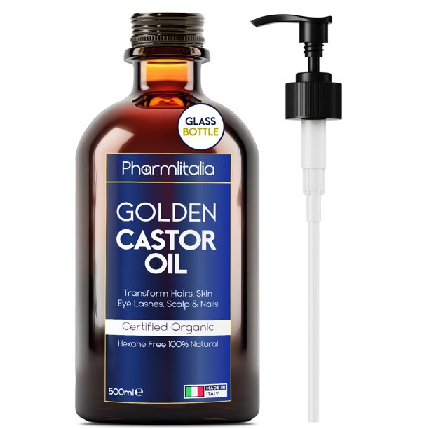 Pharmlitalia Aceite de ricino puro orgánico prensado en frío botella de vidrio sin refinar - Aceite de ricino dorado sin hexano para el vello facial, pestañas, cuidado de la piel y uñas - 500 ml