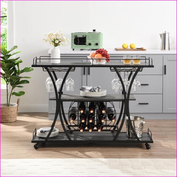 Industrial Bar Cart with 3-Tier Storage, Wine Racks & Wheels | Iron | Black Gray