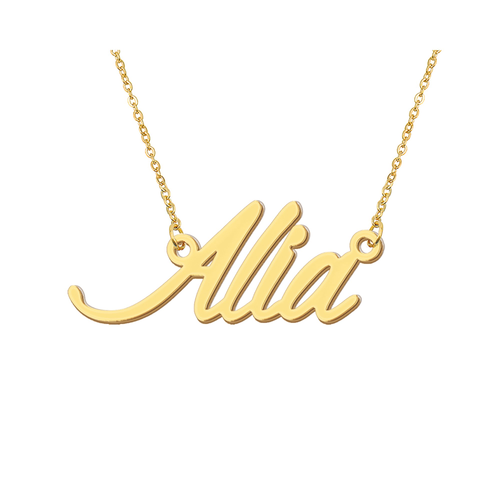 HUAN XUN 18k Gold Plated Alia Name Necklace Stainless Steel Nameplate Necklaces for Womens Mens Mother Day Christmas Jewelry Gift
